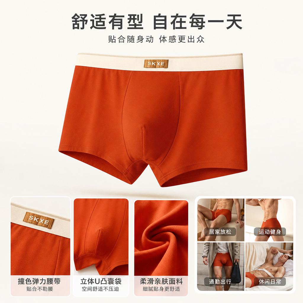 橙色纯棉男士内裤舒适透气四角平角款图