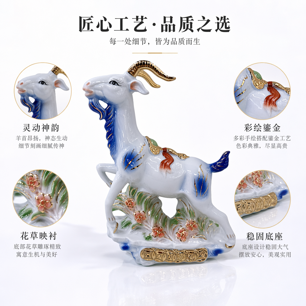 A white background with blue patterns and golden horns porcelain sheep figurine for the living room entrance hall decoration, a ceramic zodiac sheep mascot