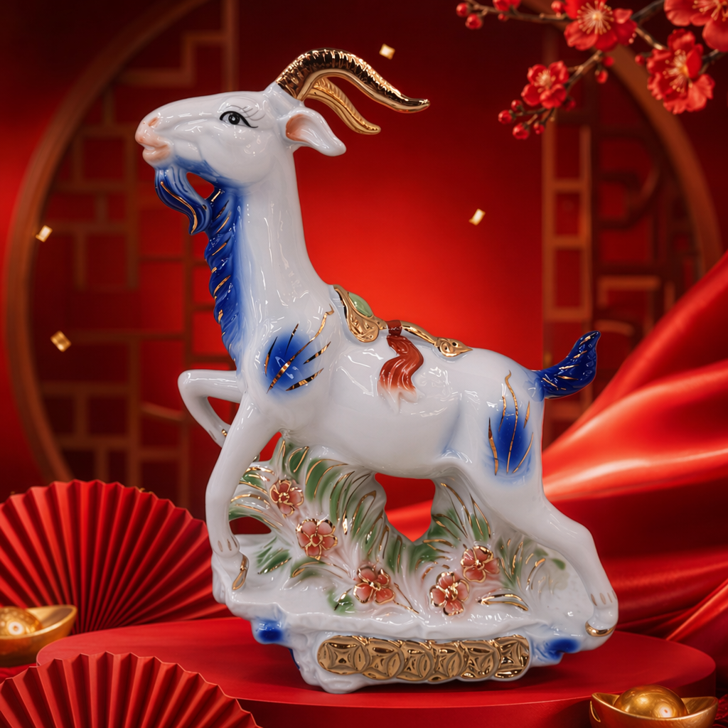 白底蓝纹金角瓷羊摆件客厅玄关装饰陶瓷生肖羊吉祥物 Specification image