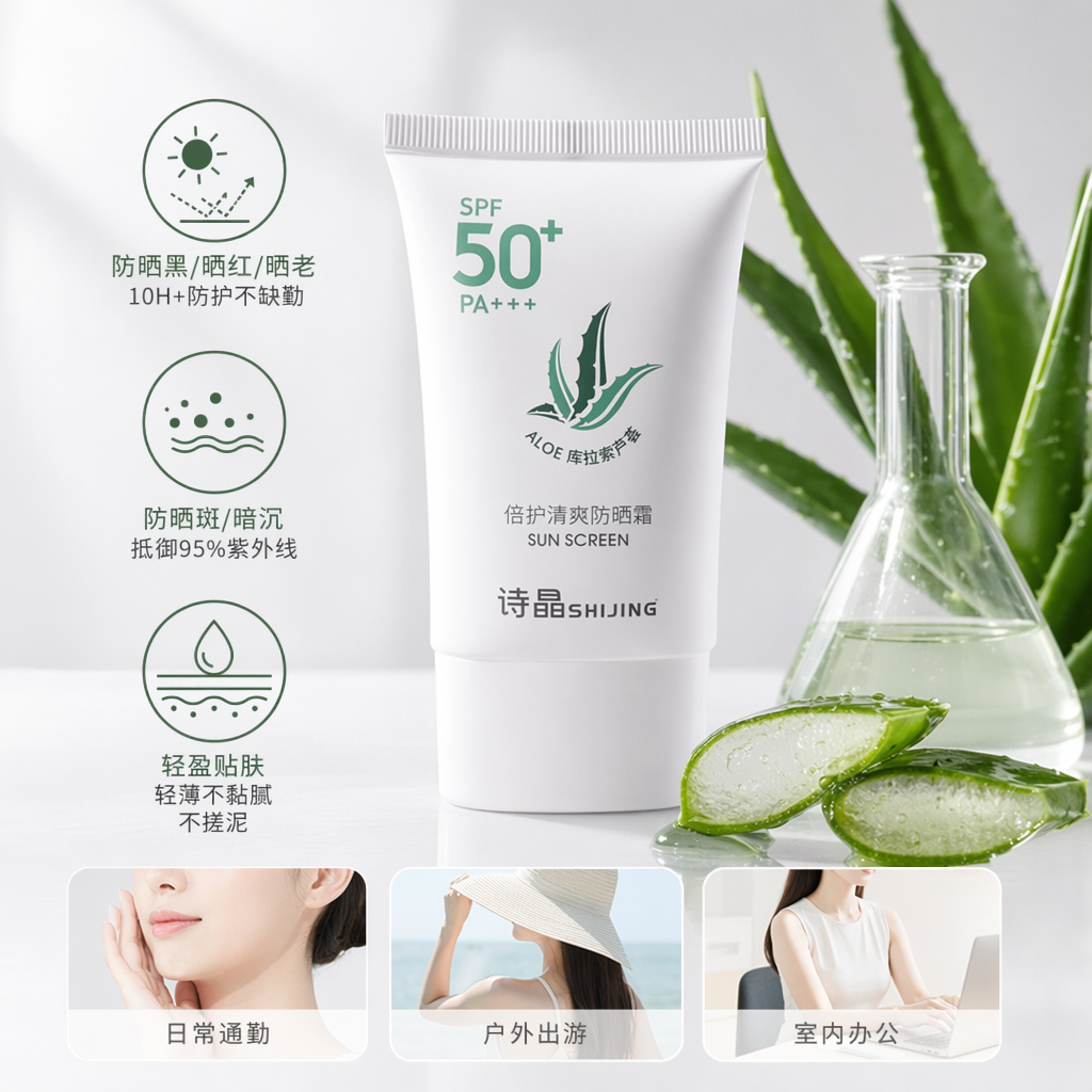 The white sunscreen tube is refreshing and non-greasy, providing long-lasting protection and forming a light, transparent film