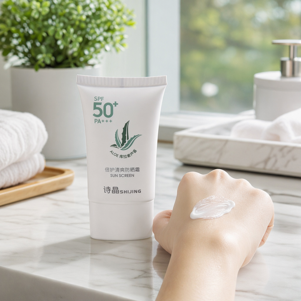 The white sunscreen tube is refreshing and non-greasy, providing long-lasting protection and forming a light, transparent film details Picture