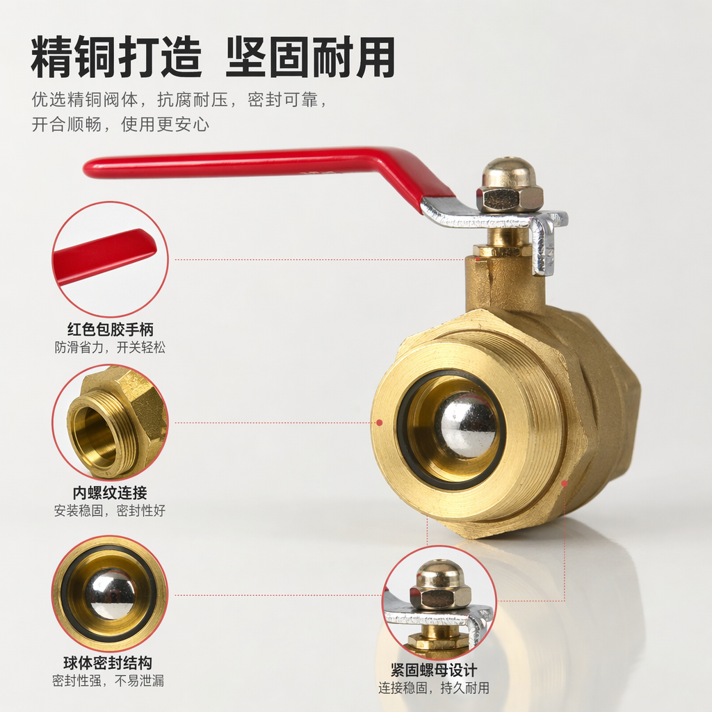 Red handle brass ball valve, DN15, threaded connection, corrosion-resistant household industrial valve