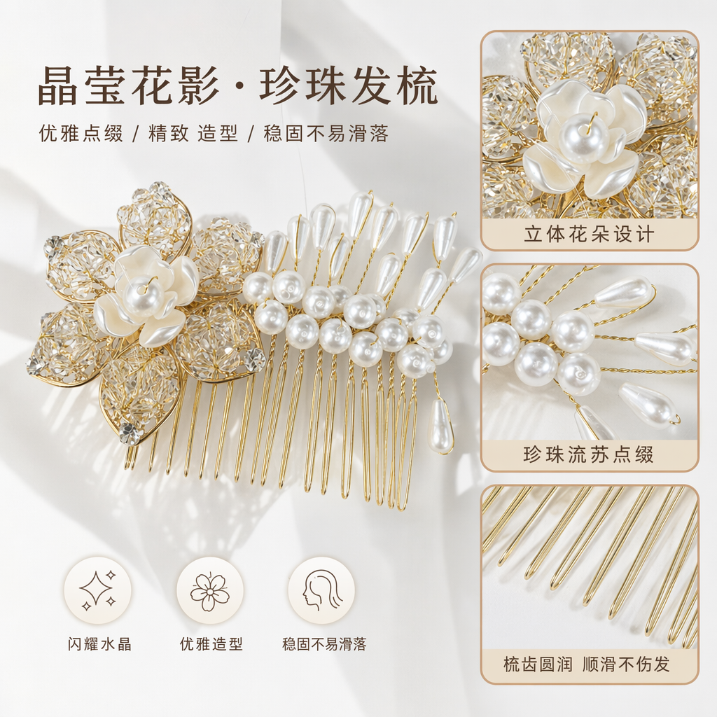 金色珍珠水晶发梳 女士优雅复古梳子 时尚配饰