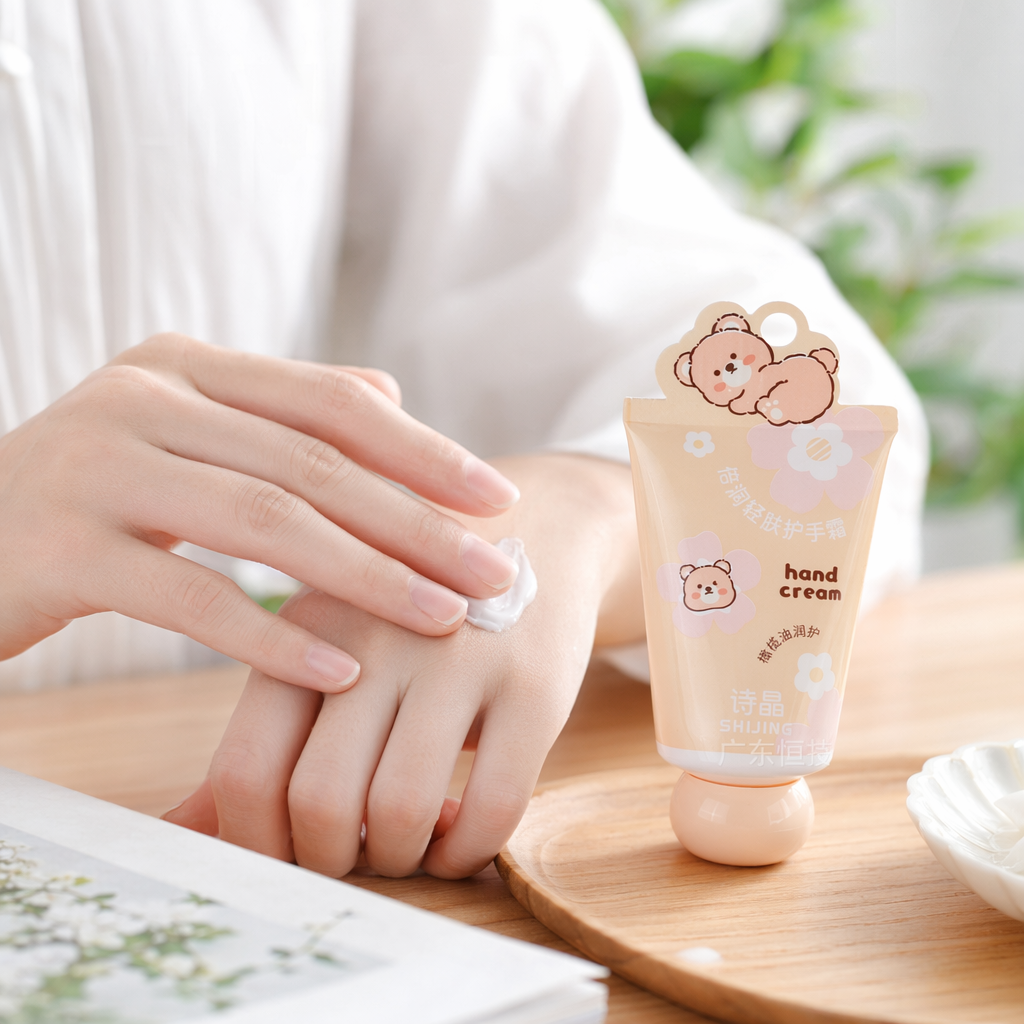The pink hand cream tube with a bear flower pattern moisturizes, hydrates and makes your hands smooth details Picture