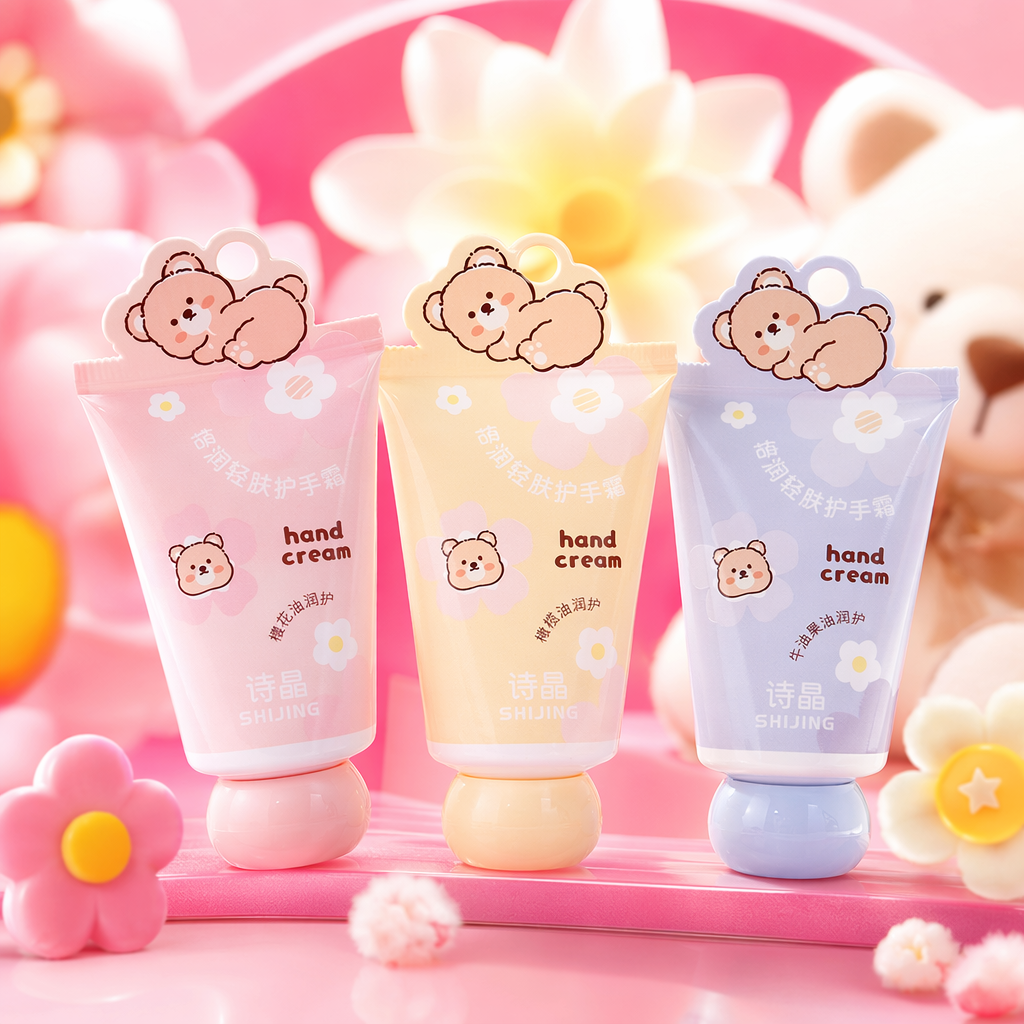 The pink hand cream tube with a bear flower pattern moisturizes, hydrates and makes your hands smooth Specification image