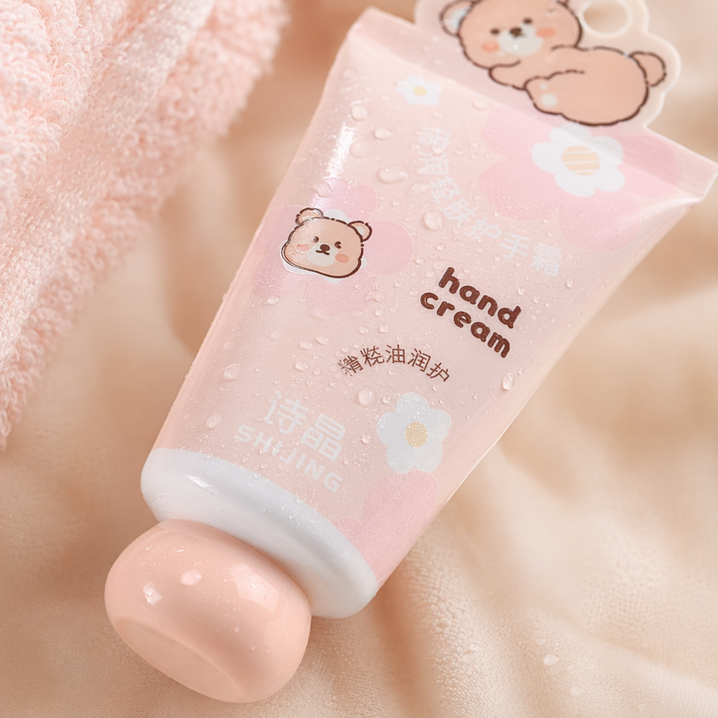 The pink hand cream tube with a bear flower pattern moisturizes, hydrates and makes your hands smooth Application Scenario