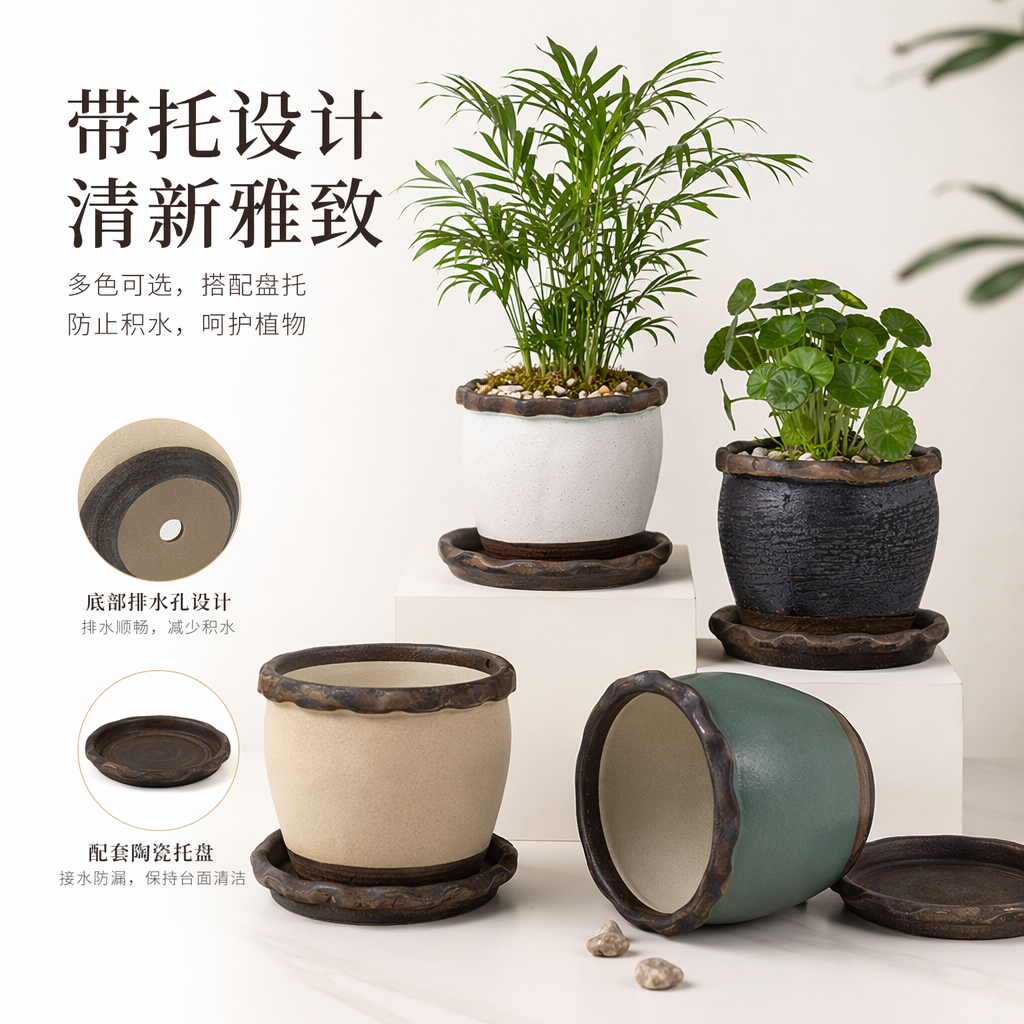 青瓷花盆堆叠组合陶瓷多层阳台室内绿植花器