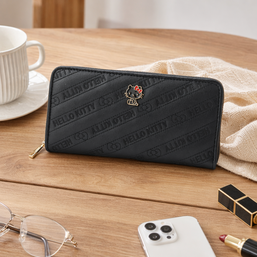 Black Hello Kitty embossed wallet for women, short chanel-style card case and coin bag details Picture