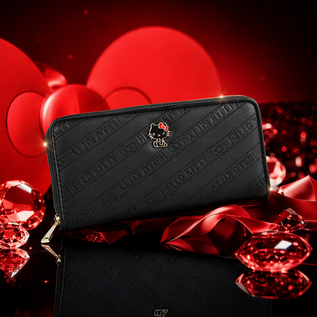 Black Hello Kitty embossed wallet for women, short chanel-style card case and coin bag Specification image