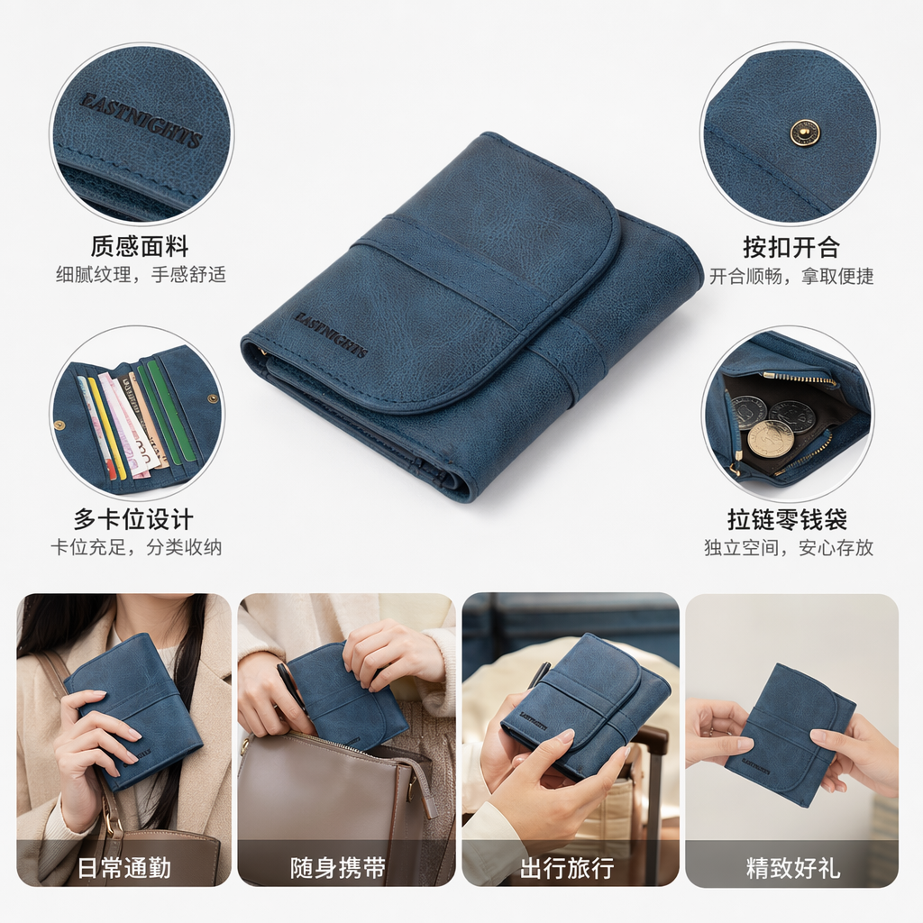 A deep blue leather men's long wallet with a simple, business and retro style