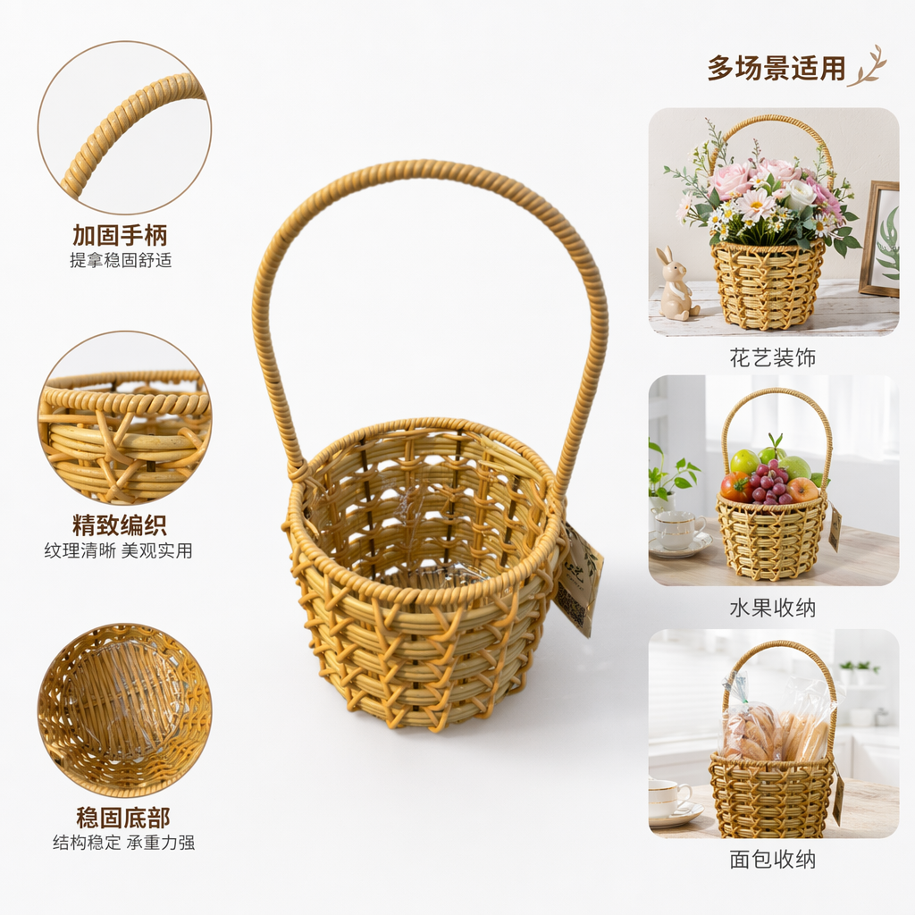 Beige woven hand-held shopping basket, large-capacity storage basket, country-style home storage