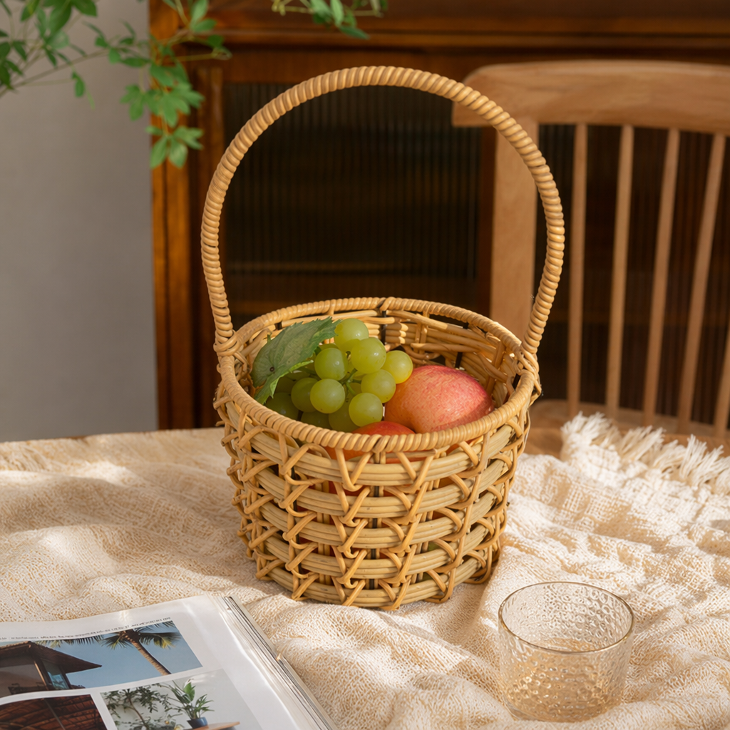 Beige woven hand-held shopping basket, large-capacity storage basket, country-style home storage details Picture