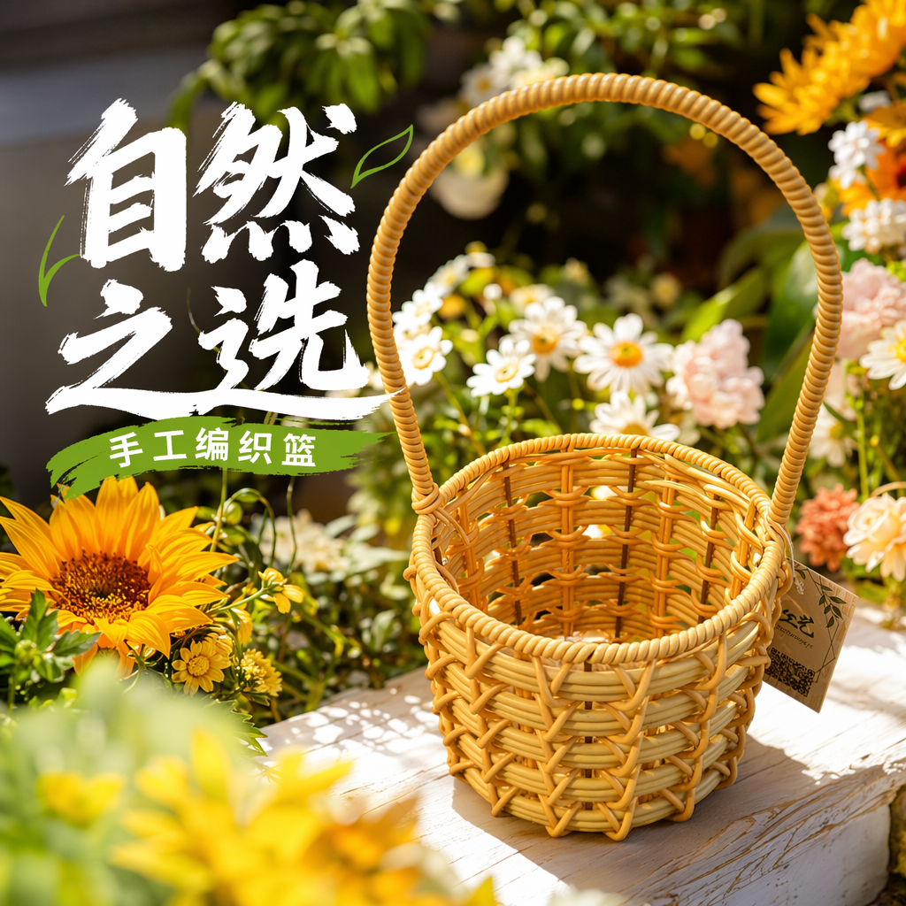 Beige woven hand-held shopping basket, large-capacity storage basket, country-style home storage Specification image
