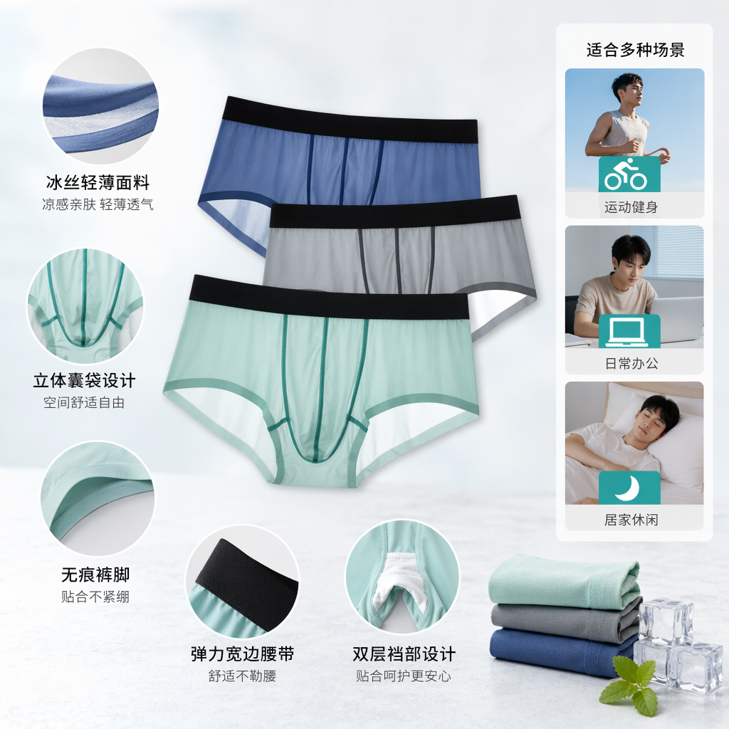 蓝色灰色绿色透明内裤三色纯棉透气舒适男士 underwear