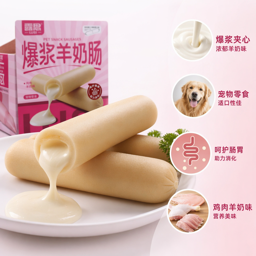 爆浆羊奶肠粉色包装盒 羊奶粉制作香浓多汁儿童零食