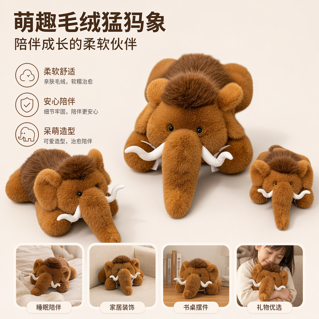 棕色猛犸象毛绒玩具可爱大号抱枕家居装饰儿童礼物图