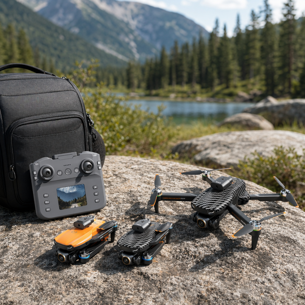 A black carbon fiber patterned drone with an orange propeller and a camera details Picture