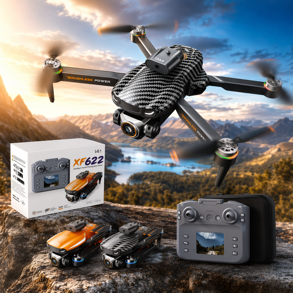 A black carbon fiber patterned drone with an orange propeller and a camera Specification image