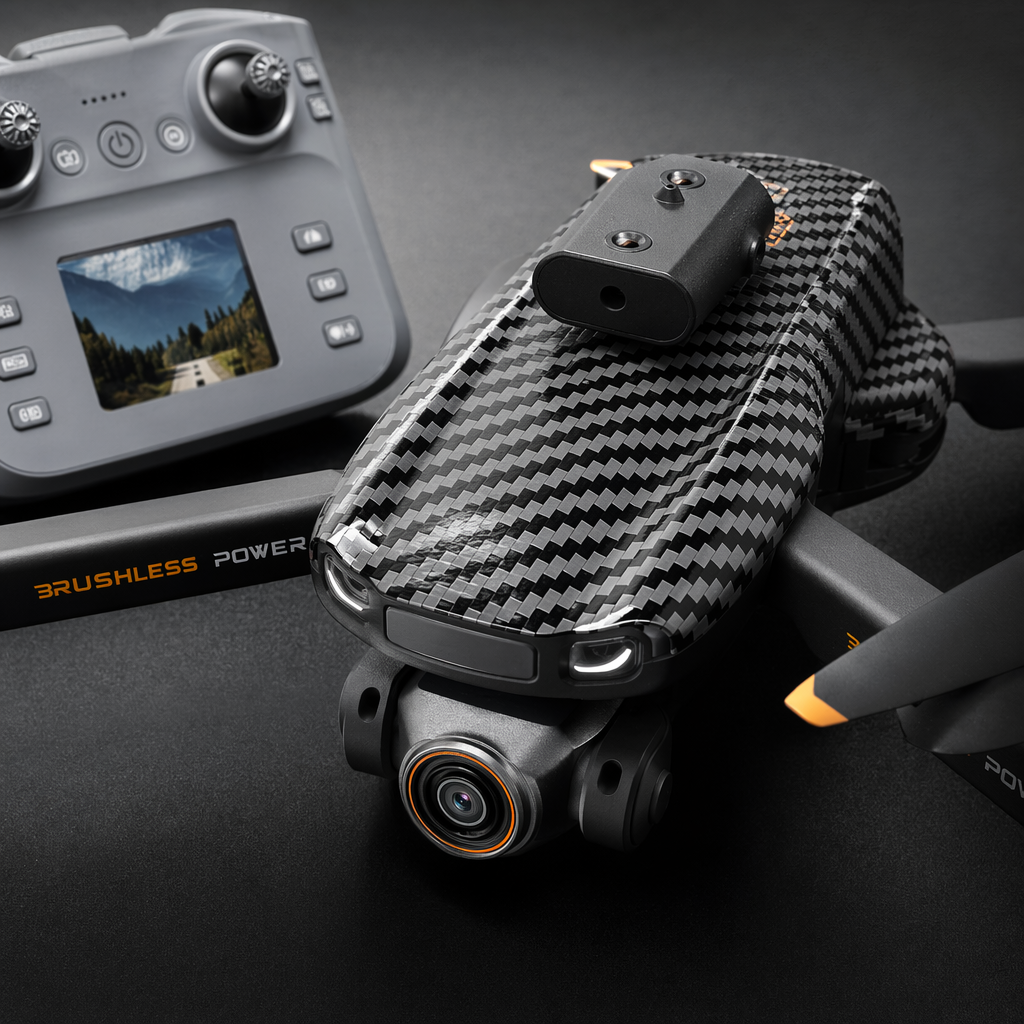A black carbon fiber patterned drone with an orange propeller and a camera Application Scenario