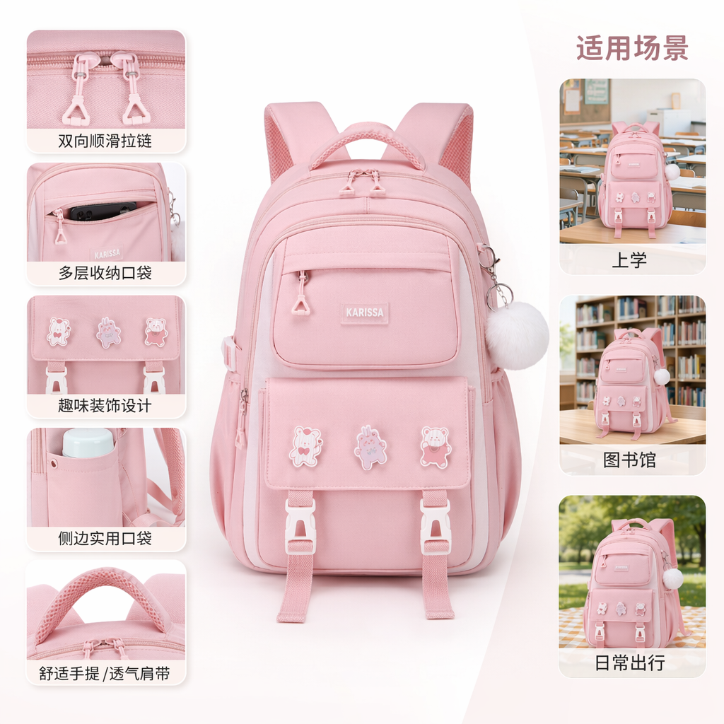 粉色双肩包尼龙防水轻量旅行上学日常背书包