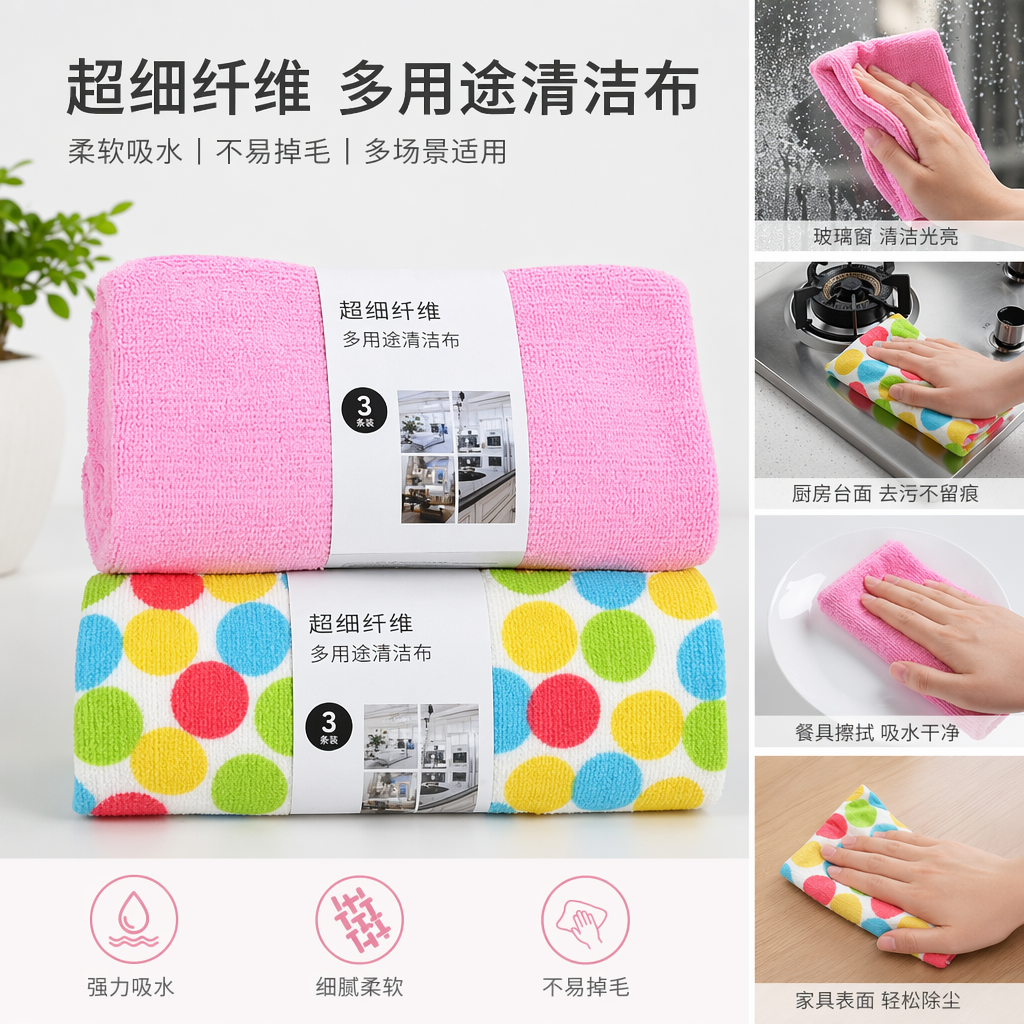 粉色彩色波点超细纤维多功能清洁布