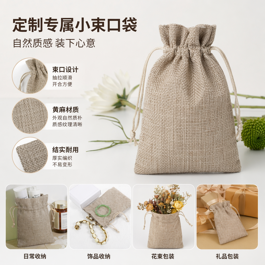米色麻布小袋配金色丝带系绳 手工编织简约收纳袋