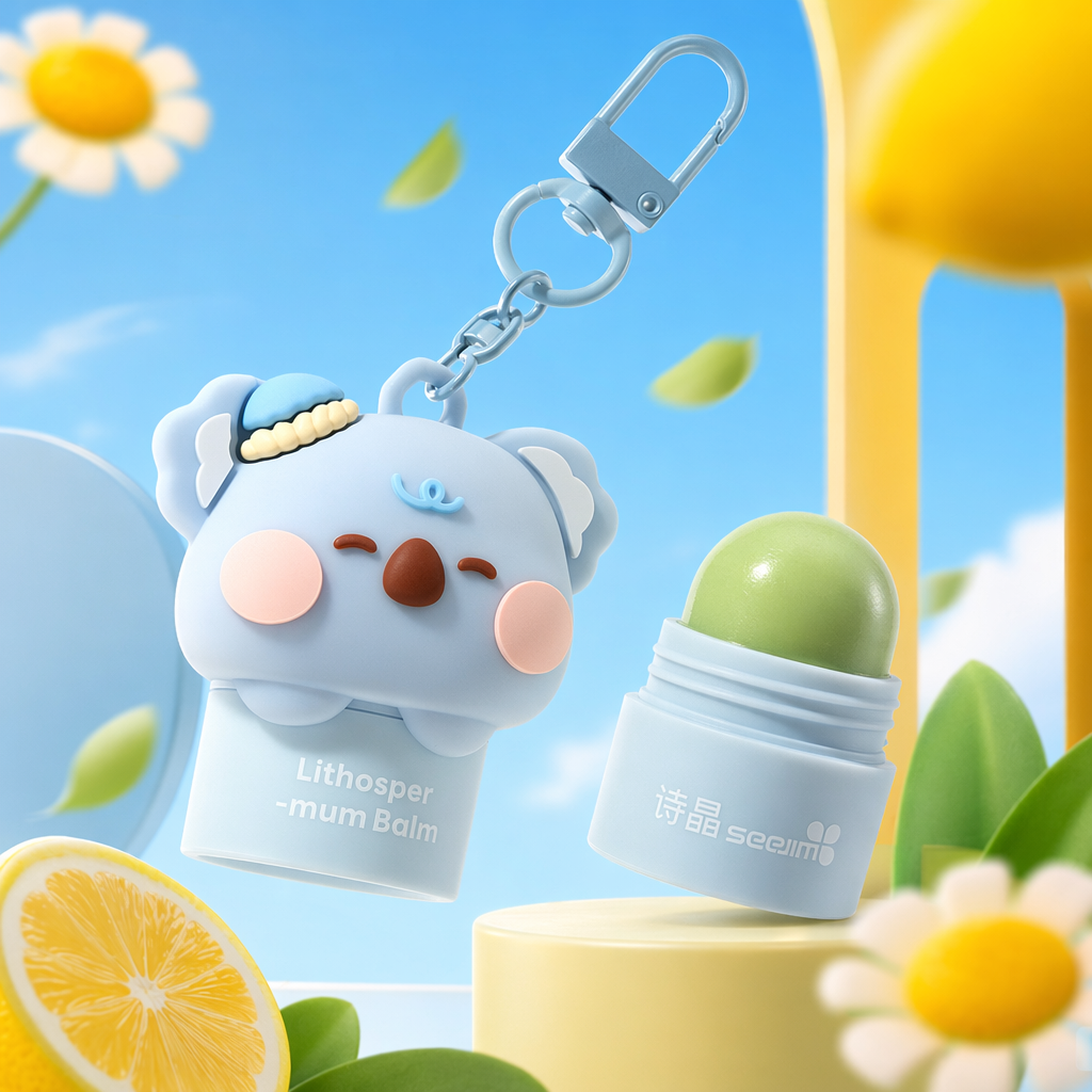 Blue koala shaped lip balm keychain, green spherical lip balm, long-lasting moisturizing portable version Specification image