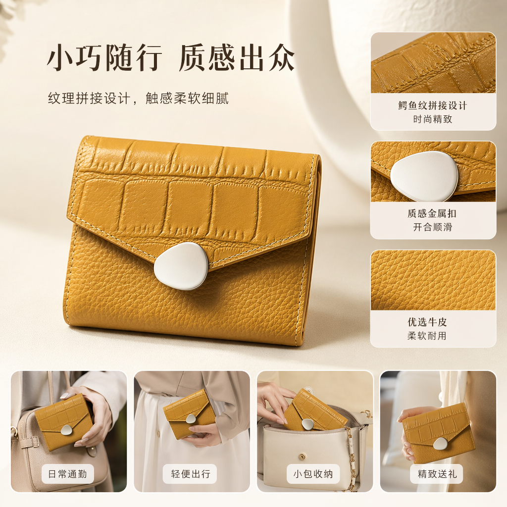 Yellow crocodile-patterned leather wallet, a long genuine leather wallet for women, simple and fashionable