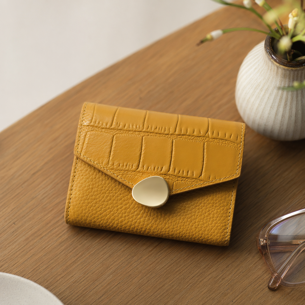 Yellow crocodile-patterned leather wallet, a long genuine leather wallet for women, simple and fashionable details Picture