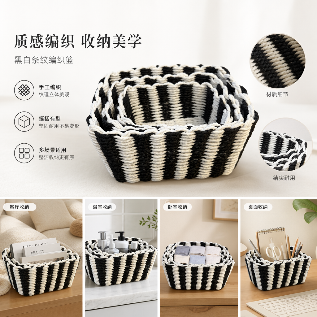 Black and white striped woven basket for home storage, living room and bedroom storage, simple Nordic style