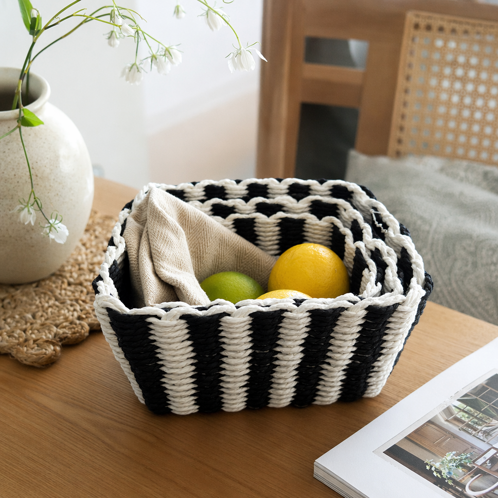 Black and white striped woven basket for home storage, living room and bedroom storage, simple Nordic style details Picture
