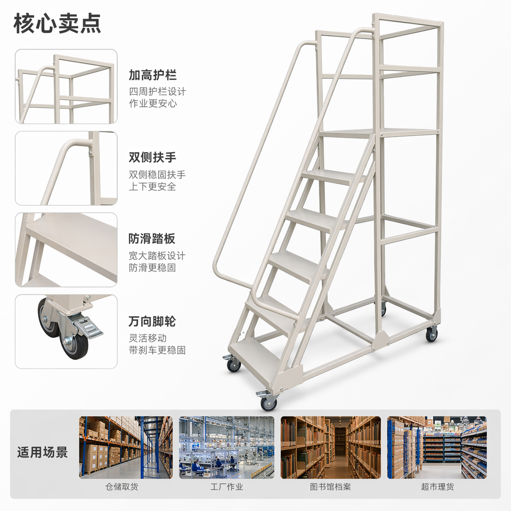 白色移动梯架家用铝合金伸缩梯承重稳固可折叠