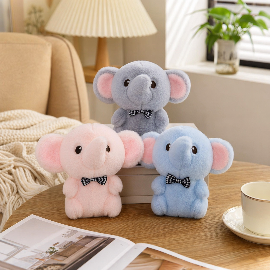 Three plush elephant figurines wearing black and white checkered bow ties for home decoration details Picture