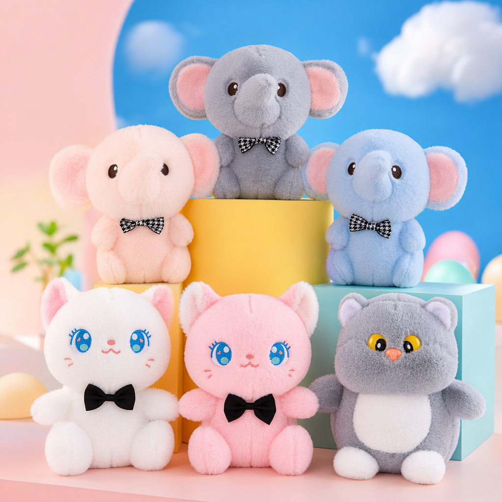 Three plush elephant figurines wearing black and white checkered bow ties for home decoration Specification image