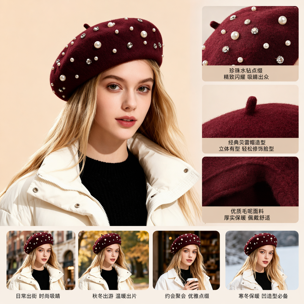 Wine red pearl rhinestone decorated beret women's autumn and winter fashion accessories Cross-border new pearl fashion beret autumn and winter retro women's versatile painter hat with beaded wool beret