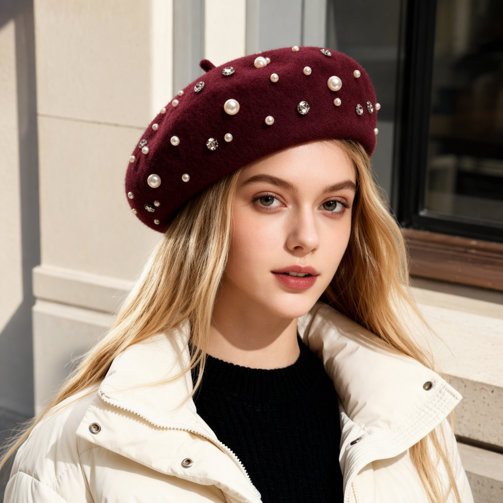 Wine red pearl rhinestone decorated beret women's autumn and winter fashion accessories Cross-border new pearl fashion beret autumn and winter retro women's versatile painter hat with beaded wool beret details Picture