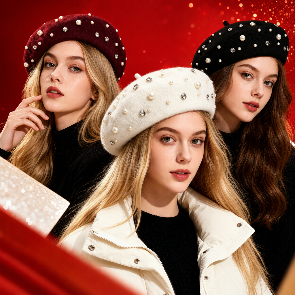 Wine red pearl rhinestone decorated beret women's autumn and winter fashion accessories Cross-border new pearl fashion beret autumn and winter retro women's versatile painter hat with beaded wool beret Specification image