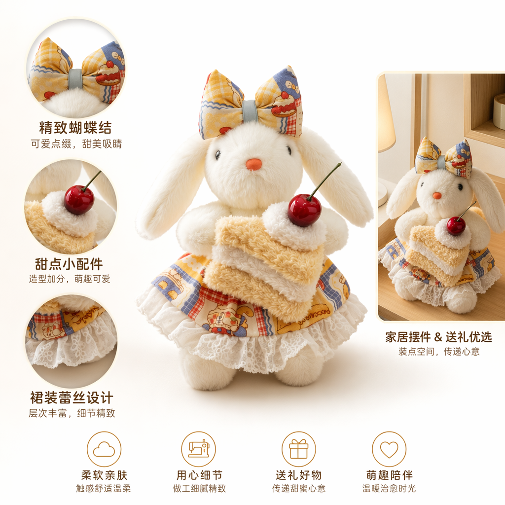 白色毛绒兔子玩偶蝴蝶结发饰蛋糕造型抱枕樱桃装饰
