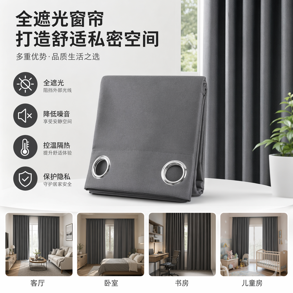 灰色窗帘带金属眼环 WINDOW CURTAIN 100% blackout