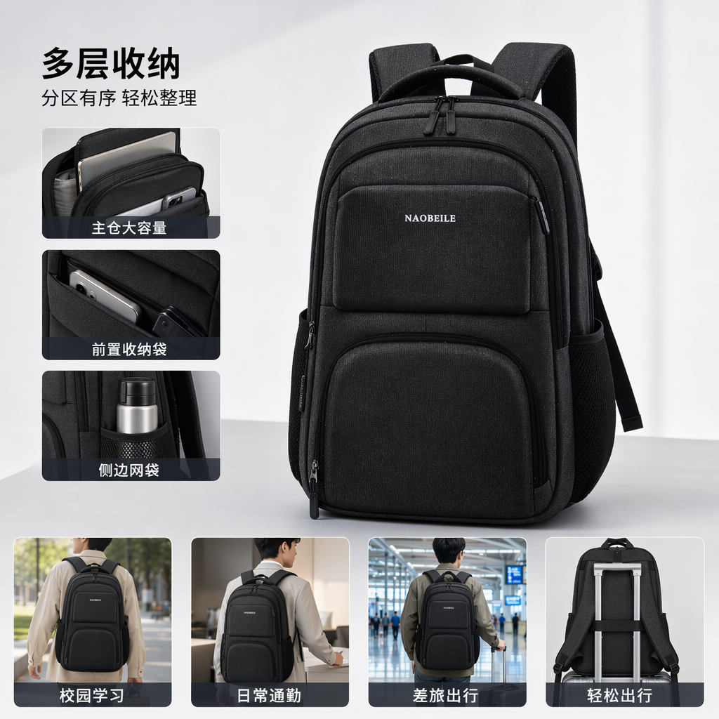 灰色双肩包学生通勤轻便大容量防水耐磨简约时尚