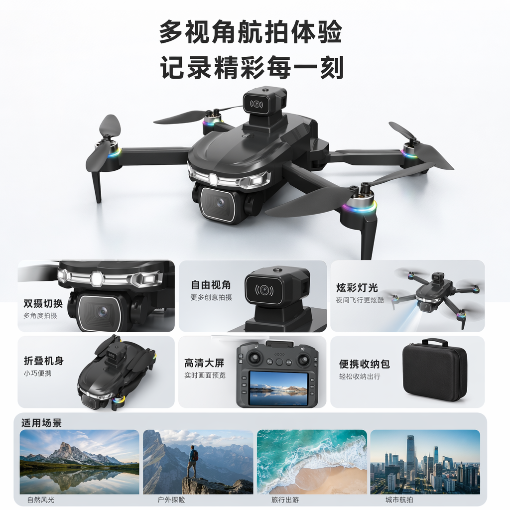 黑色可折叠无人机带彩色LED灯环