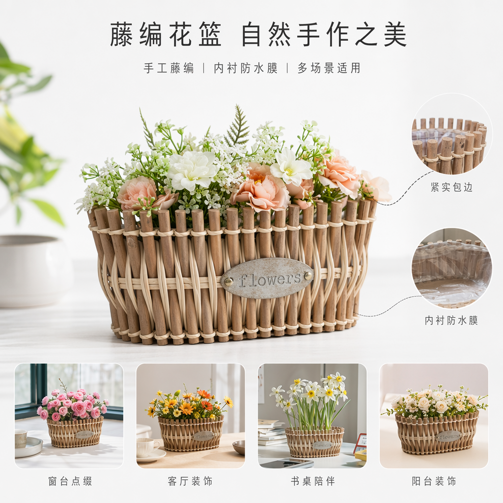 手工竹编花篮 家居装饰收纳篮 自然风藤编工艺
