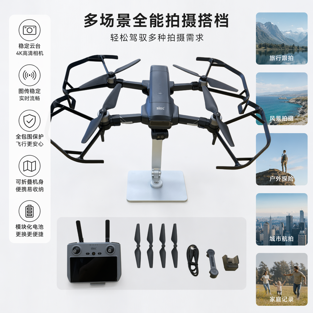 黑色无人机航拍器4K高清遥控飞行器可折叠便携式