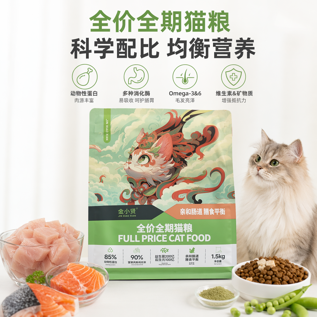 Green packaging bag cat food, natural and grain-free, specially designed for adult cats with balanced nutrition