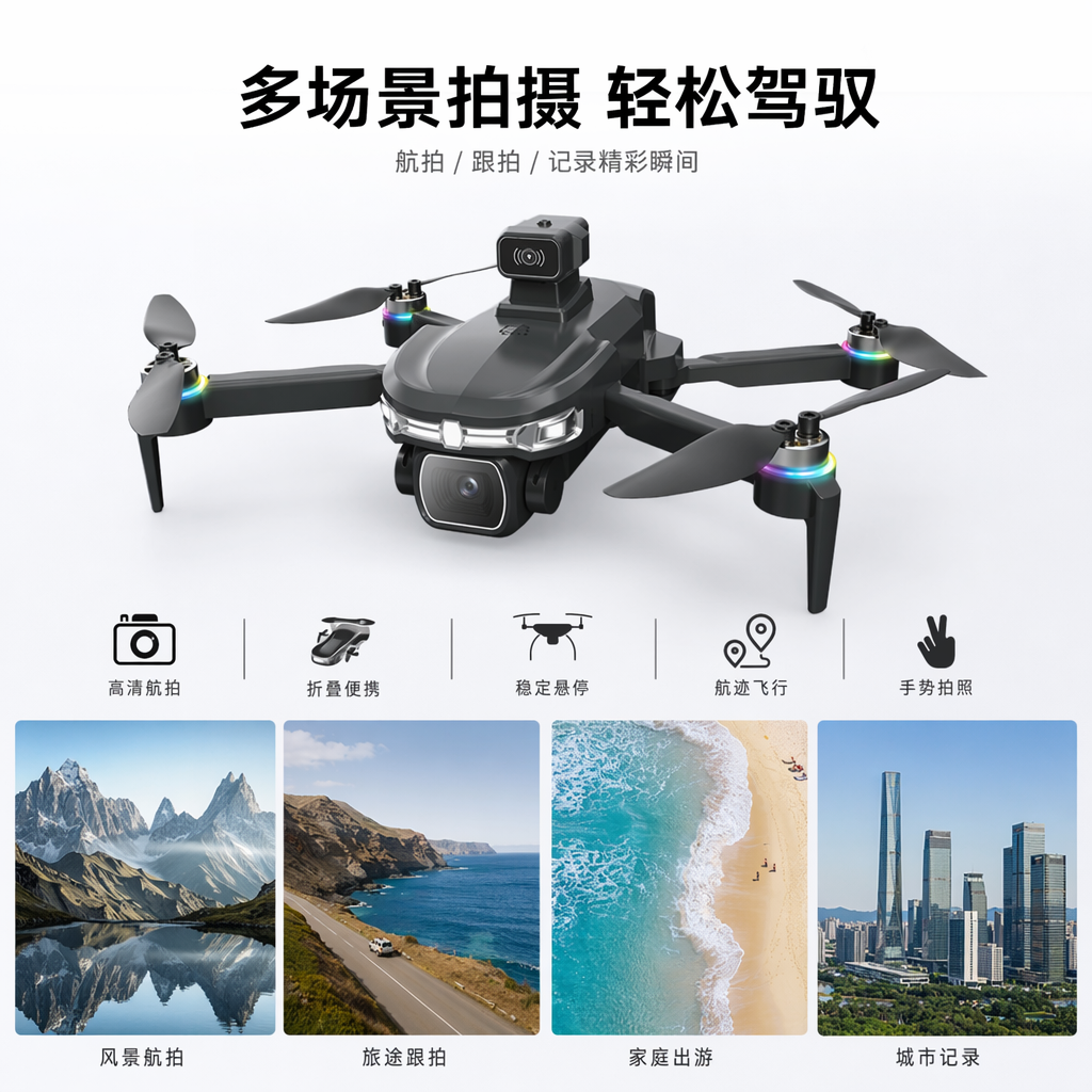 黑色无人机带彩色灯环和摄像头