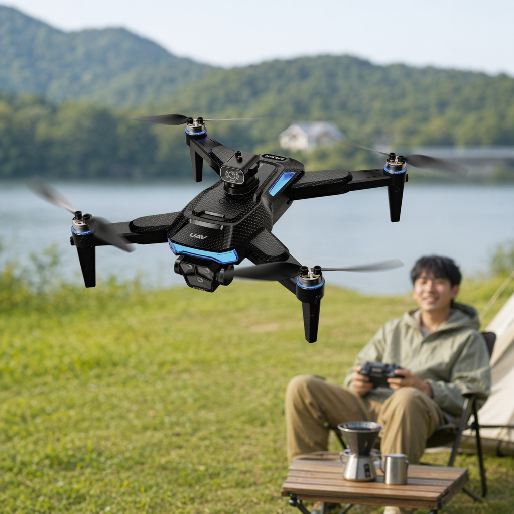 The black multi-rotor drone is decorated with blue lights, and the HD camera below the front camera has a mountain view background details Picture