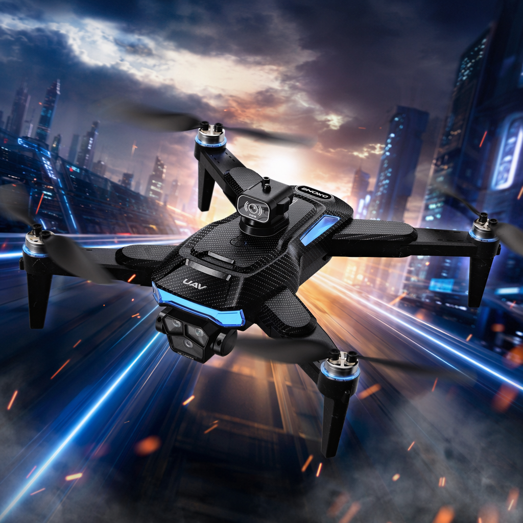 The black multi-rotor drone is decorated with blue lights, and the HD camera below the front camera has a mountain view background Specification image
