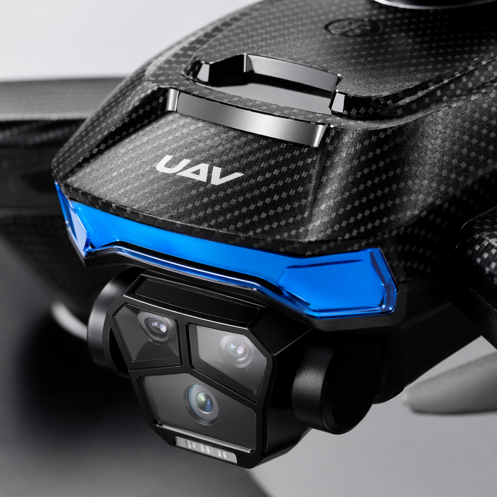 The black multi-rotor drone is decorated with blue lights, and the HD camera below the front camera has a mountain view background Application Scenario