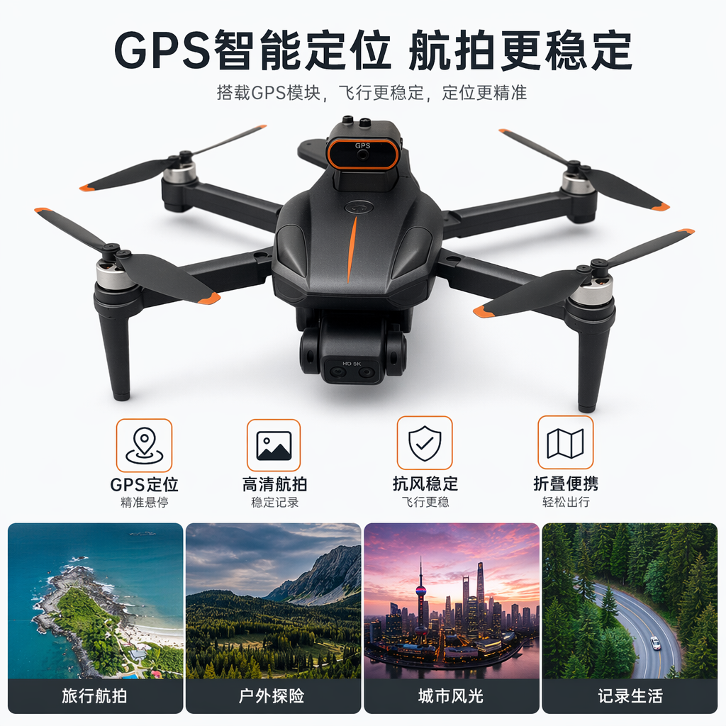 黑色无人机带橙色装饰条GPS模块可折叠机臂螺旋桨HD8K摄像头