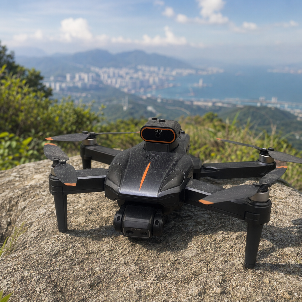 Black drone with orange decorative strips, GPS module, foldable arm, propeller, HD8K camera details Picture